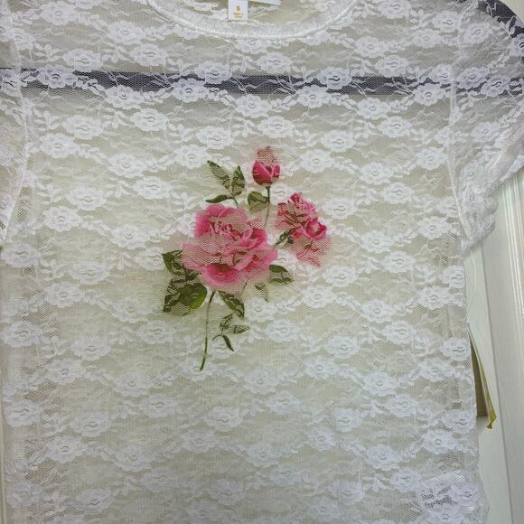 Sugar Moon NWT Sheer Lace Top Crop Size S White Egret Floral Coquette Stretch - Picture 2 of 8